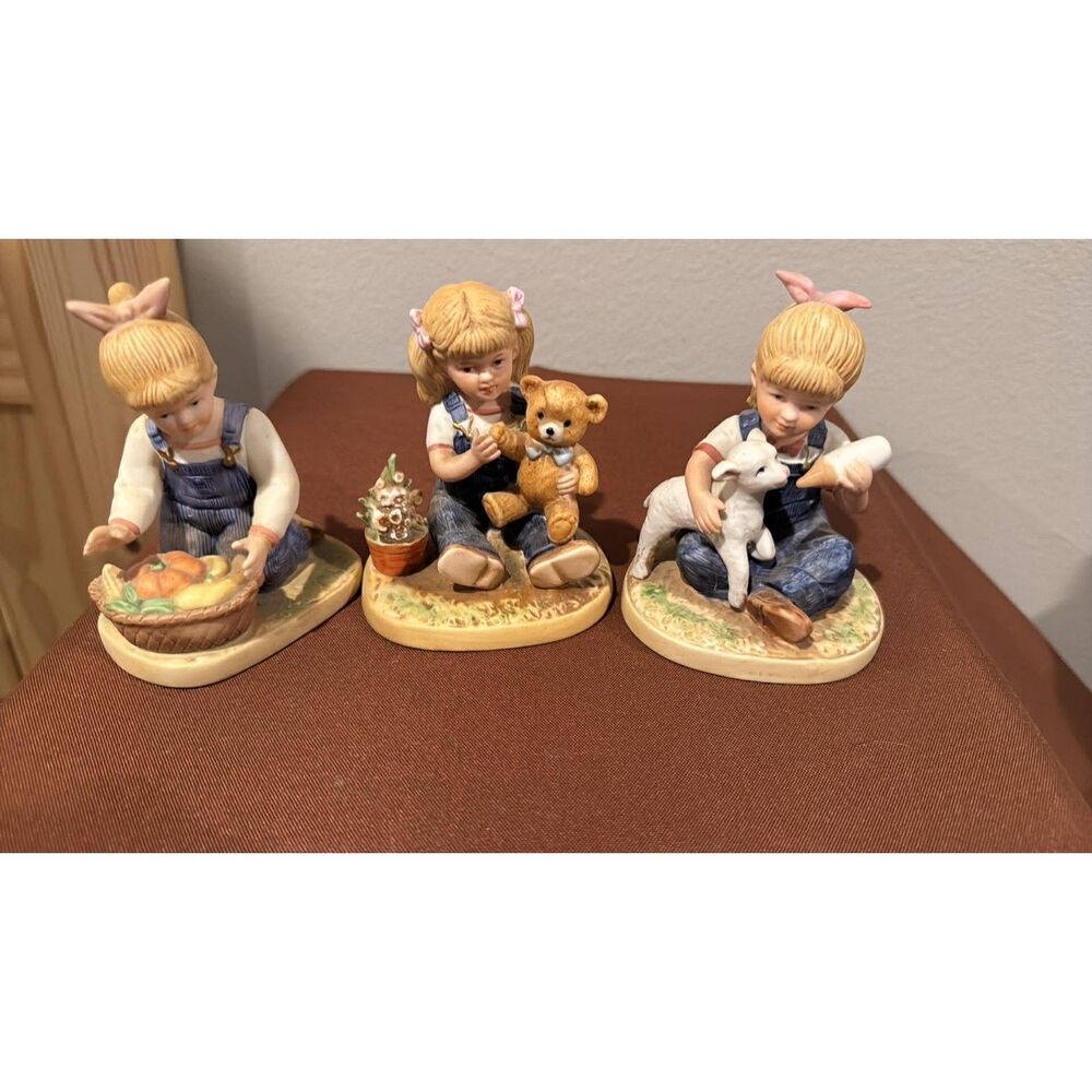 3 Homco Denim Days 1985 Girl Feed Lamb Harvest Helper Girl and Bear